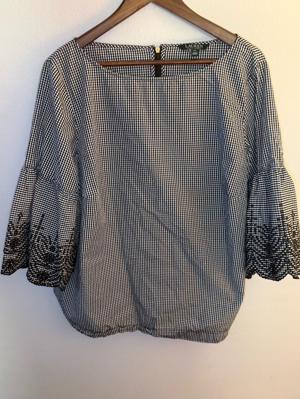 Lauren Ralph Lauren Black & White Gingham Bell-Sleeve Blouse